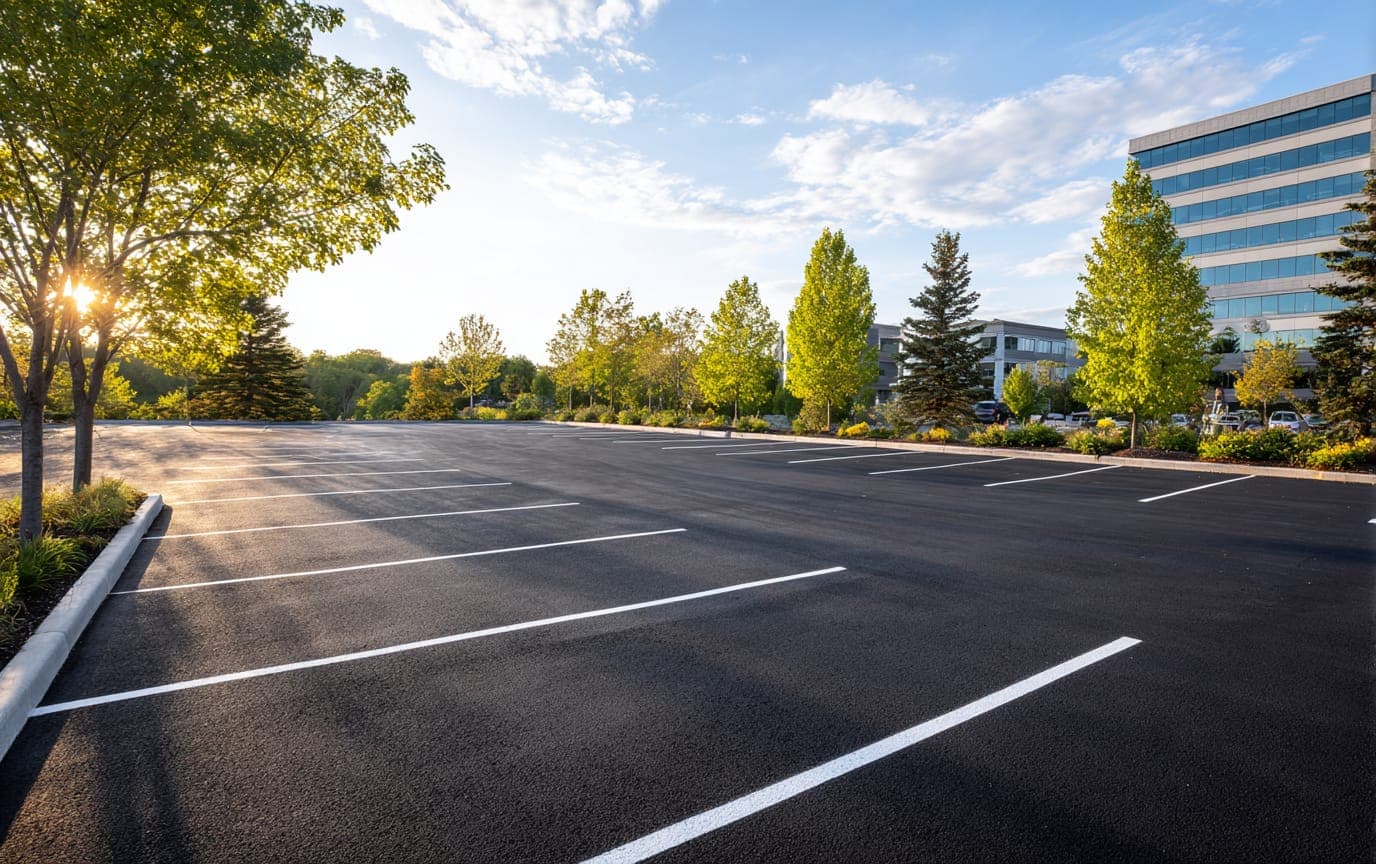 Freshly paved commercial parking lot with crisp white line striping at golden hour, Connecticut