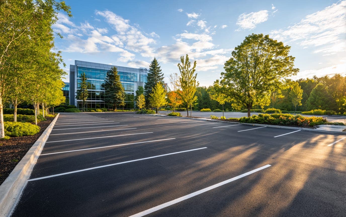 Freshly paved and striped commercial parking lot beside an office building at sunset