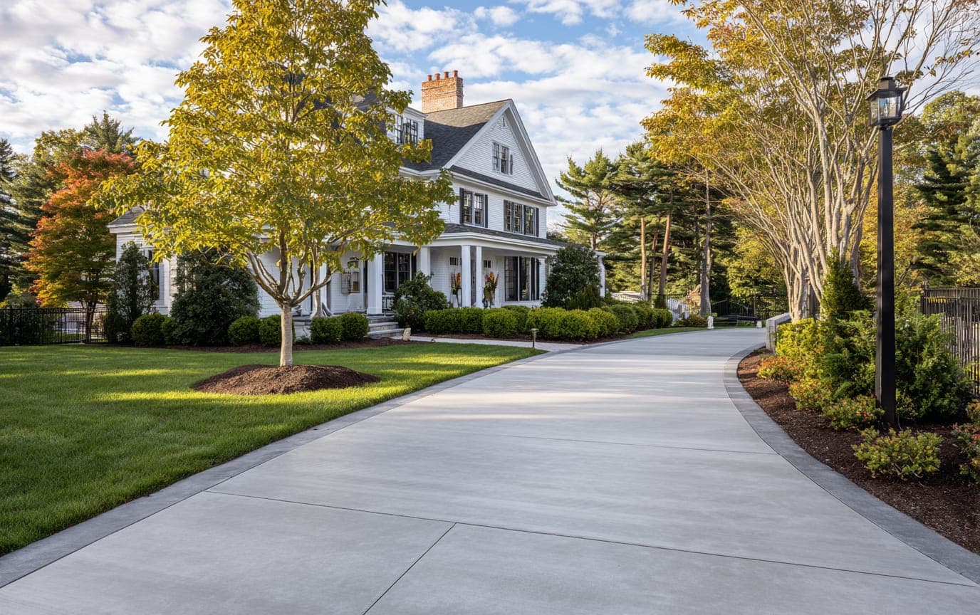 New concrete driveway curving to a white home