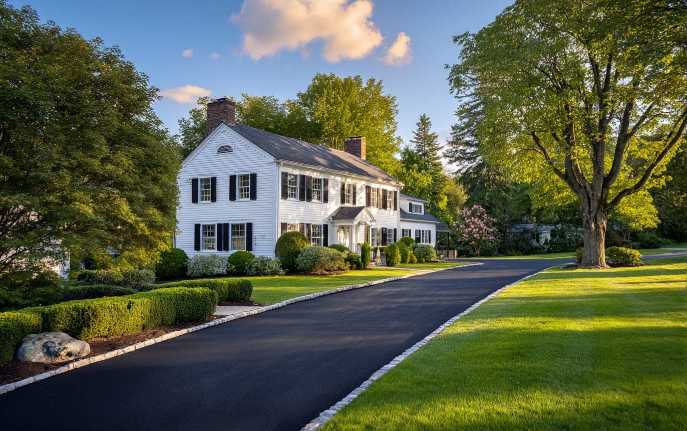 Freshly paved asphalt driveway leading to a white colonial home